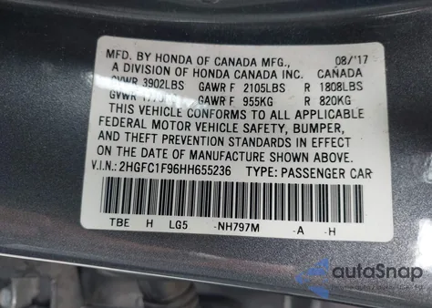 2017 Honda Civic Touring from USA, damaged, VIN 2HGFC1F96HH655236